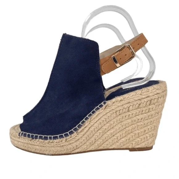 Seychelles Wedges Espadrille Sandals Suede Leather Size 8.5 Navy Blue Coastal Na - Picture 1 of 11